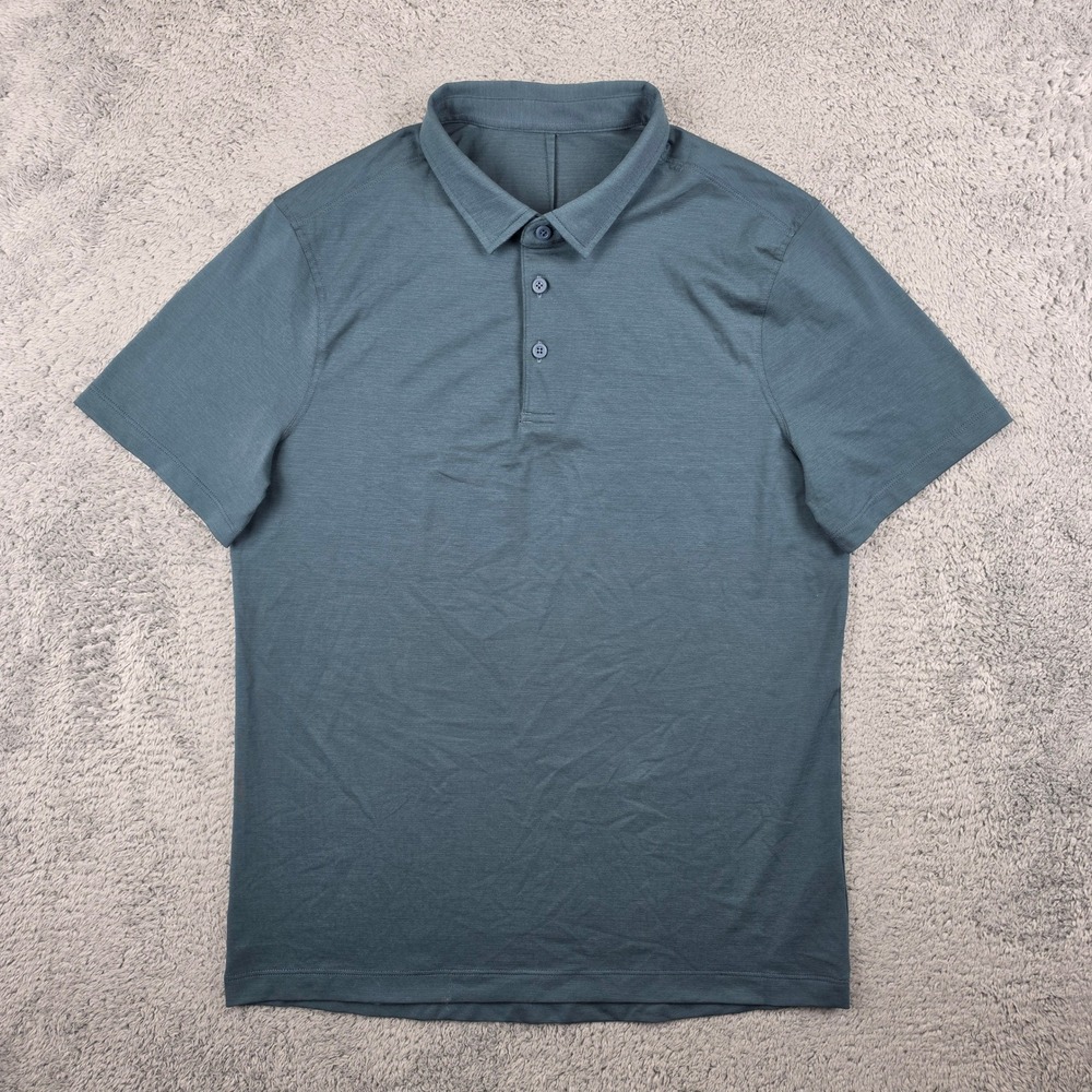 Lululemon Evolution Polo Shirt Mens M Slate Blue Short Sleeve Technical Knit EUC